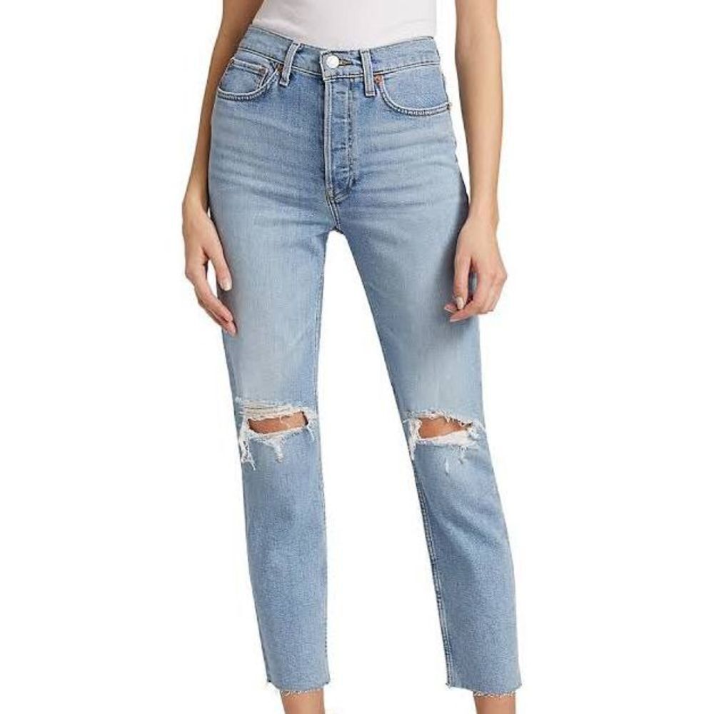 Re/done distressed 90’s cropped size 24 button fly wedgie jeans